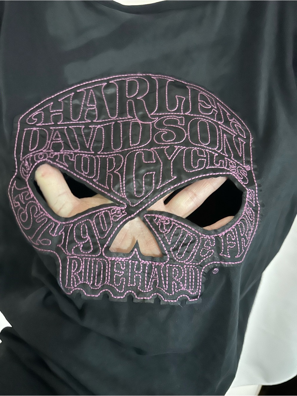 Harley-Davidson Black V-Neck Tee with Pink Accents and opening in the back. - Picture 3 of 11